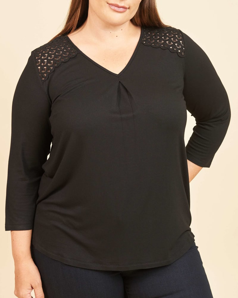 Front of a model wearing a size 1X Adrianna Lace-Trim Blouse in BLACK by Daniel Rainn. | dia_product_style_image_id:297493